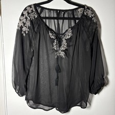 Lace Sheer Bell Sleeve Romantic Top XL Blouse Witchy Whimsigoth Y2K Fairy Black