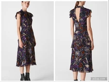 WHISTLES Montrose Dobby Midi Dress Fit & Flare Purple Metallic Cap Sleeve 8