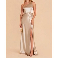NWT Birdy Grey Kira Shiny One Shoulder Satin Maxi Dress XL Wedding Champagne