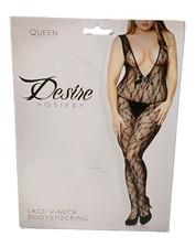 NIB Desire Hosiery Lace V Neck Bodystocking Queen Size Black Lace