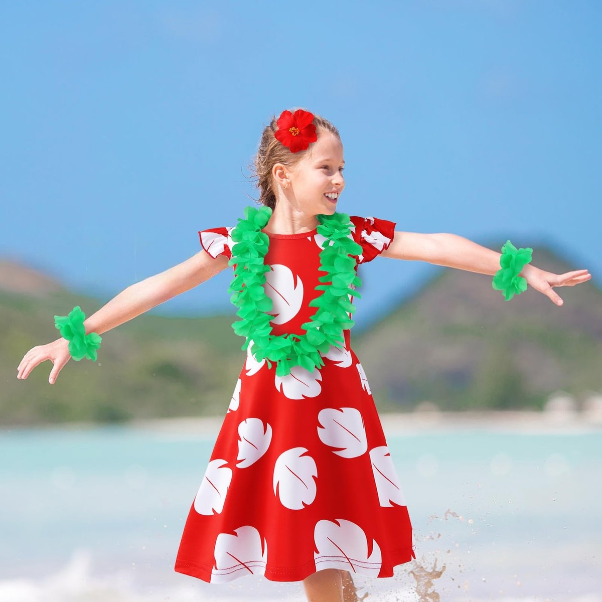 Hawaiian Little Girls Costume Dress with Pcs Luau Flower Leis