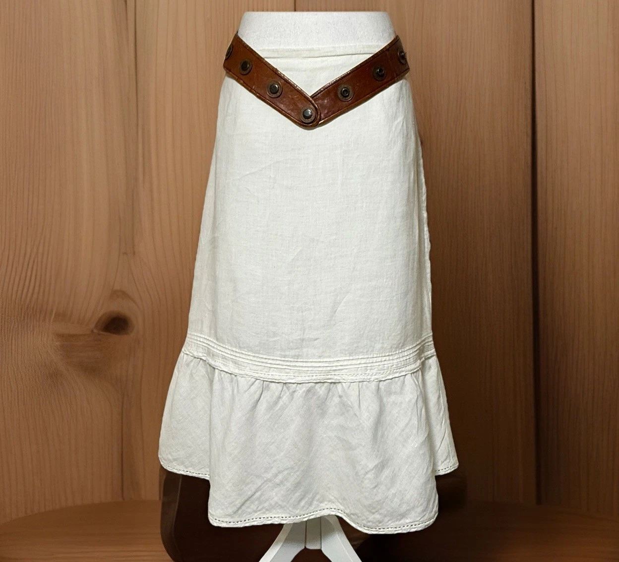 Vtg Gap Y2K Linen Midi Skirt Crochet Lace Cottagecore Boho Prairie Western 10