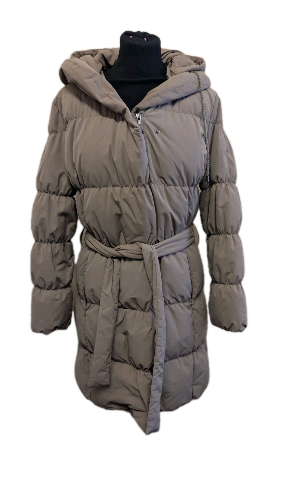 Jaeger Beige Duck Filled Padded Hooded Belted Coat, Size UK 10