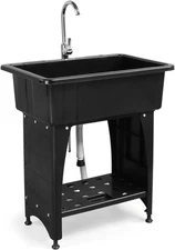 ROVSUN 20-Gallon Black Plastic Utility Sink with Hot & Cold Faucet, 150Lbs Load 