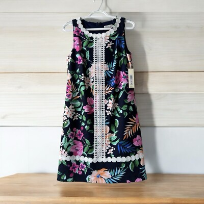 NWT ELIZA J Floral Lace Trim Shift Dress In Blue Multi Sleeveless Sz 10  Party