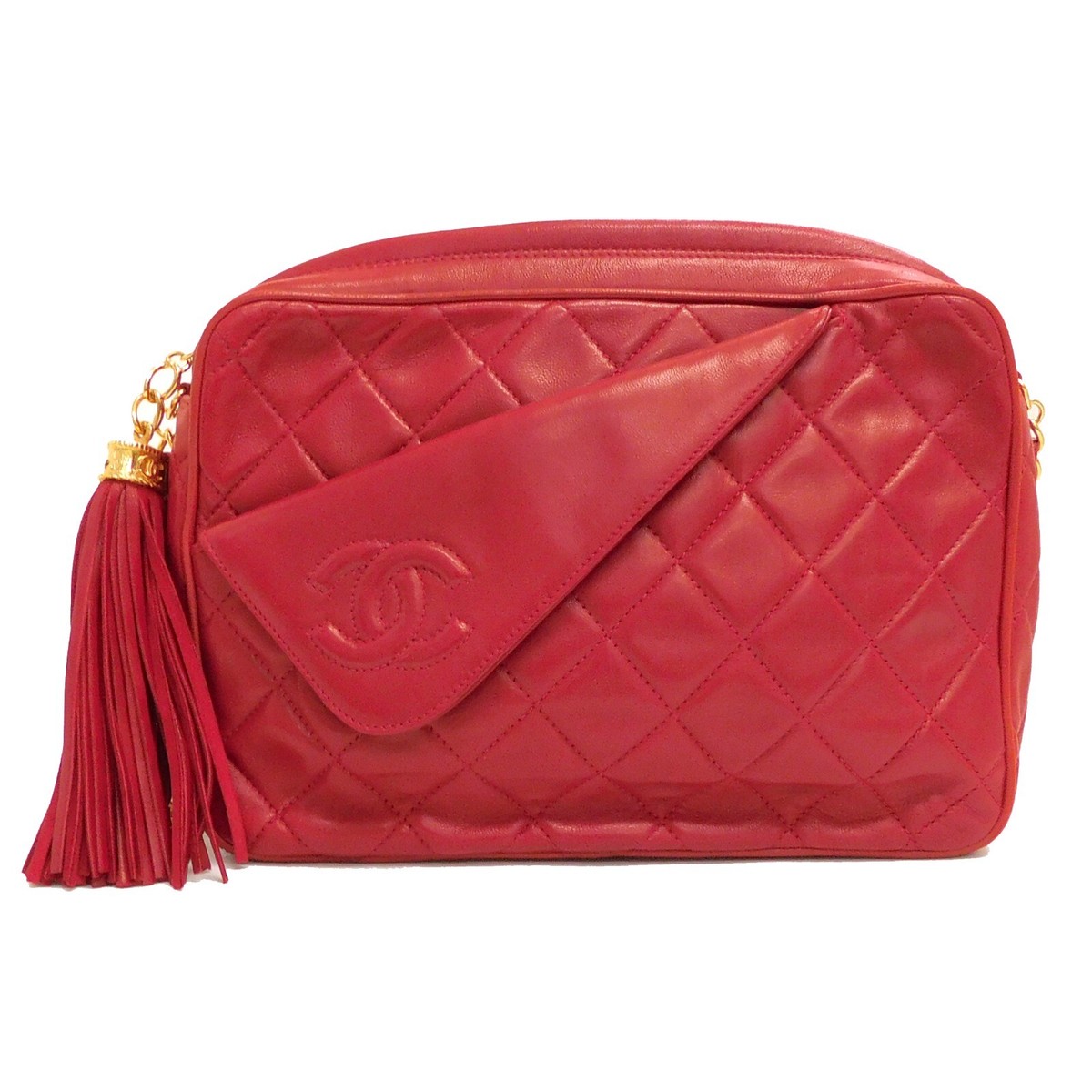 CHANEL Matelasse LambSkin Gold Plate Chain Red Shoulder Camera Bag