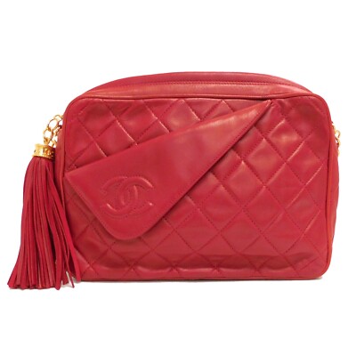 CHANEL Matelasse LambSkin Gold Plate Chain Red Shoulder Camera Bag