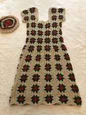 1970’s Crocheted Granny Square  Midi Dress With Matching Jacket And Beret