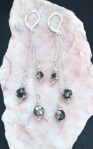 Black Cloisonne Flower Bead , 7cm Long, 925 Silver Leverback Earrings. Handmade - Picture 2 of 5