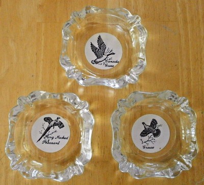 Set of 3 Vintage Glass Ashtrays - Ring Necked Pheasant, Grouse, Canada Goose