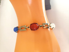 Vintage Scarab Link Bracelet Egyptian Revival Glass Stones Gold Tone