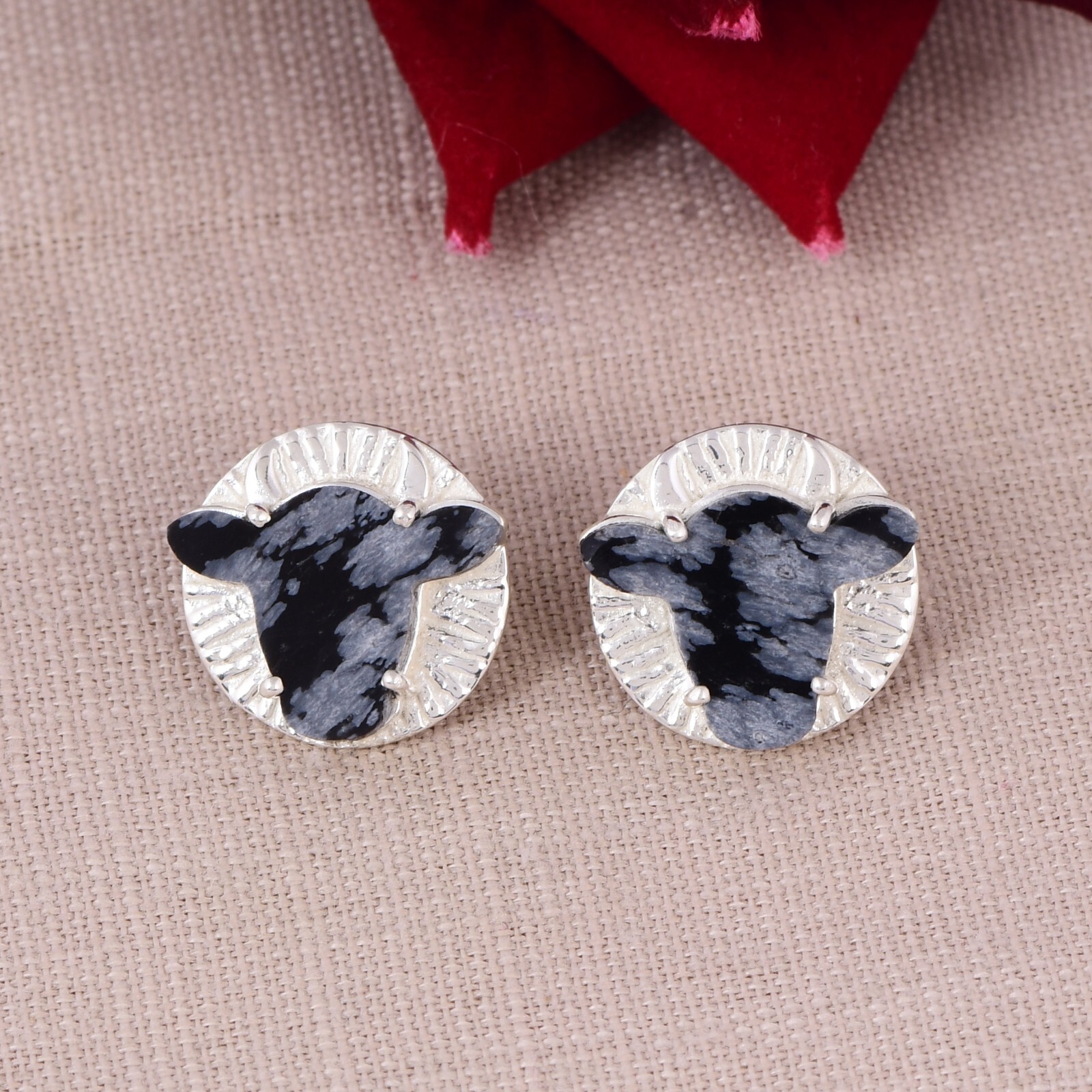 Pendientes Boho Cabeza de Vaca Copo de Nieve Obsidiana Plata 925 Longhorn Joyería