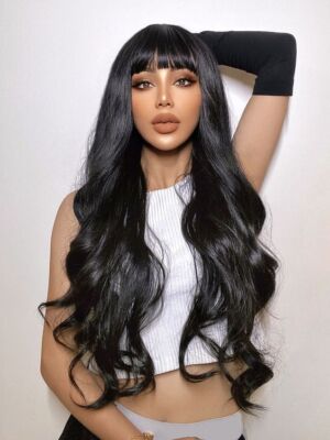 Long Fashion Black Wavy Wigs With Bangs Synthetic Heat Safe  display picture 2