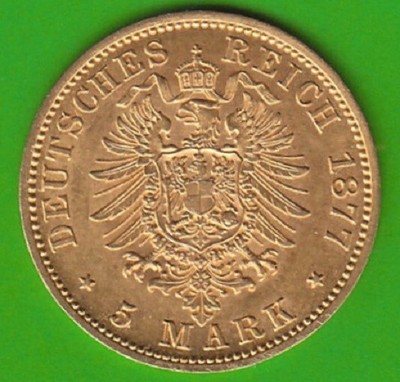 GOLD Prussia 5 marks 1877 A in vz slightly soaked nswleipzig