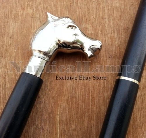 Bastão de caminhada vintage antigo com acabamento em latão cabo de cabeça de cavalo preto madeira - Imagem 3 de 4