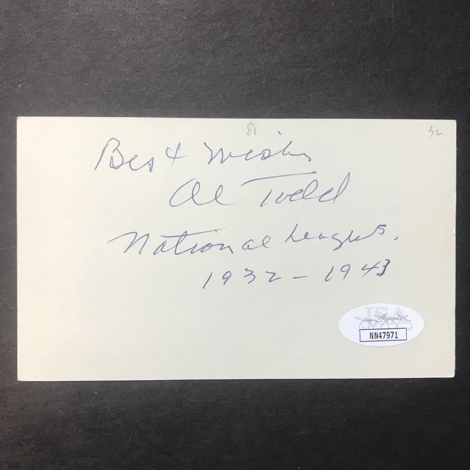 Alfred Al Todd Signed 3x5 Index Card Cubs and Dodgers JSA CERTIFIED Autograph - Image 3 of 4