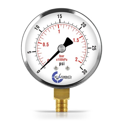 2-1/2'' Pressure Gauge - Chrome Plated Steel Case, 1/4''NPT, Lower Mnt. 30 PSI