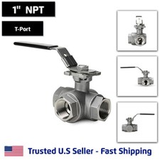 1" 3-Way T-Port Ball Valve, Stainless Steel, NPT Threaded, 1000PSI