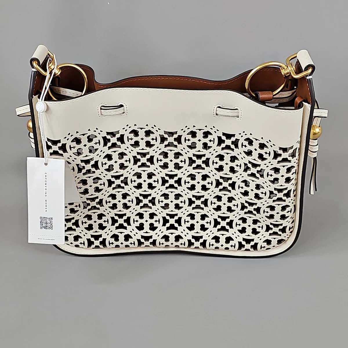 Tory Burch Mini T Monogram Laser-cut Tote in White