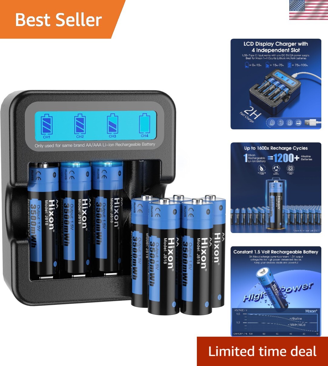 Rechargeable Batteries AA with LCD Charger, 8x3500mWh AA Rechargeable Lithium...-image