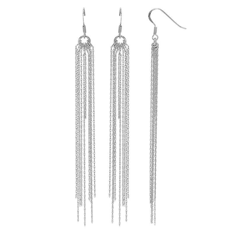 Boucles d'oreilles longues argent massif rhodié 11cm pendantes multi chaînettes