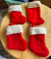 Vintage-Lot of 4-Mini Christmas Stockings-Red  White with Hangers- 4  5 inches