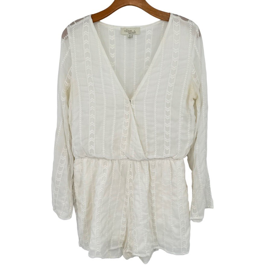 Olive and Oak Womens Romper shorts size small Ivory long sleeve embroidered