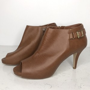 cognac open toe booties