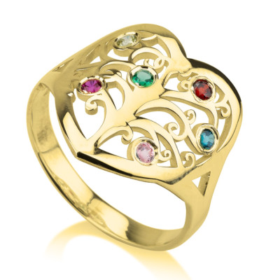Personalized Family Tree Ring With Birthstone, Custom Name Statement Ring Gift