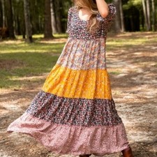 Natural Life Maxi Dress Tiered Floral Patchwork Size S Bohemian Hippie Collette