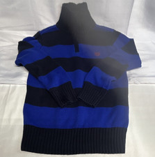 Chaps Boys M 10-12 Blue/navy Striped 1/4 Zip Mock Neck Cotton Knit Sweater B48 