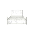 White metal bed frame with unique floral scrollwork headboard and footboard, featuring curved legs and decorative cutout pattern.