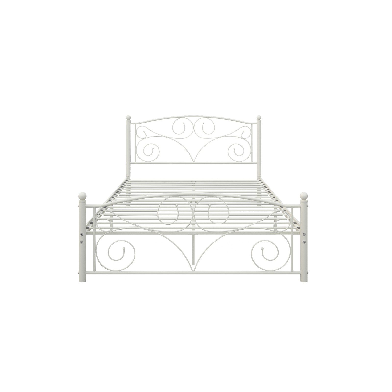 White metal bed frame with unique floral scrollwork headboard and footboard, featuring curved legs and decorative cutout pattern.