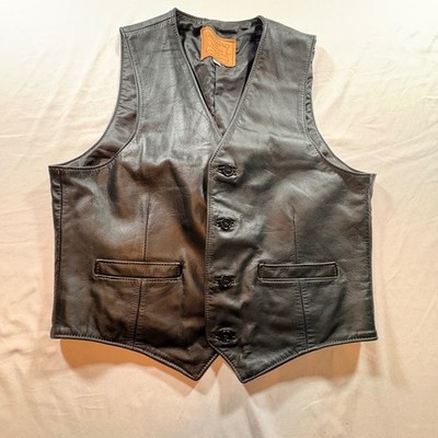 Walter Dyer Leather Vest Mens 44 Black Biker Waistcoat Made in USA Button Front