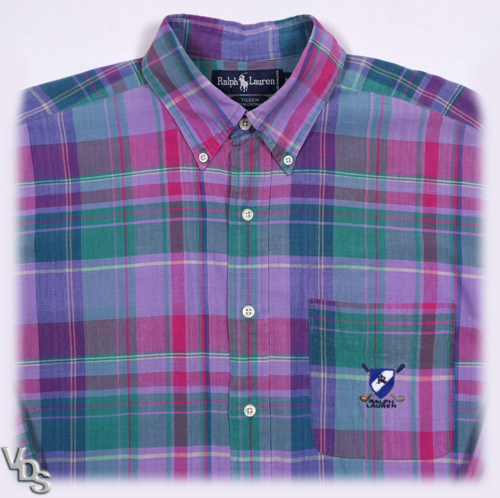 VTG Ralph Lauren Plaid Cotton L/S Shirt Men's LRG Shield Logo RL Golf Clubs Polo