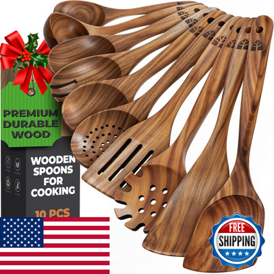 Woodenhouse Wooden Spoons For Cooking 10 Pc Teak Wood Utensil Set Durable
