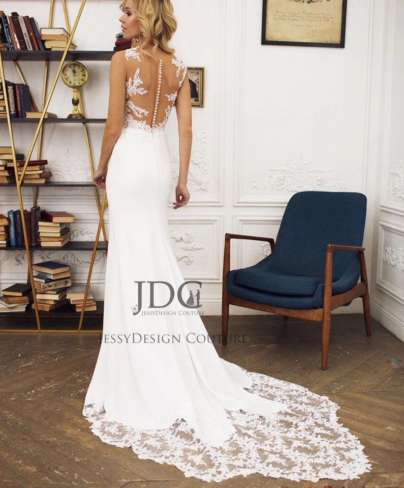 Fit Flare Crepe Meerjungfrau Spitze Brautkleid Hochzeitskleid cut-out Schleppe - Bild 2 von 4