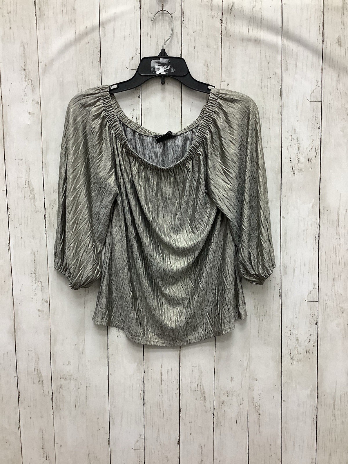 White House Black Market XS Silver Metallic Knit Off the Shoulder Long Sleeve