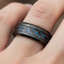 Men's 8mm Black Tungsten Wedding Band Featuring Blue Carbon Fiber Inlay Ring