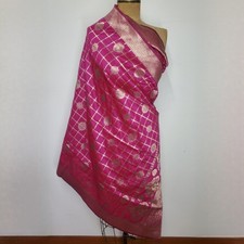 Dupatta Scarf 34x92" Fuschia Pink Gold Dupioni Silk Wrap Woven Stole Tablecloth