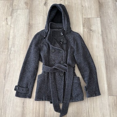 Sebby Women's Small Gray Jacket With Hood Double Breasted Button Up Pockets Belt
