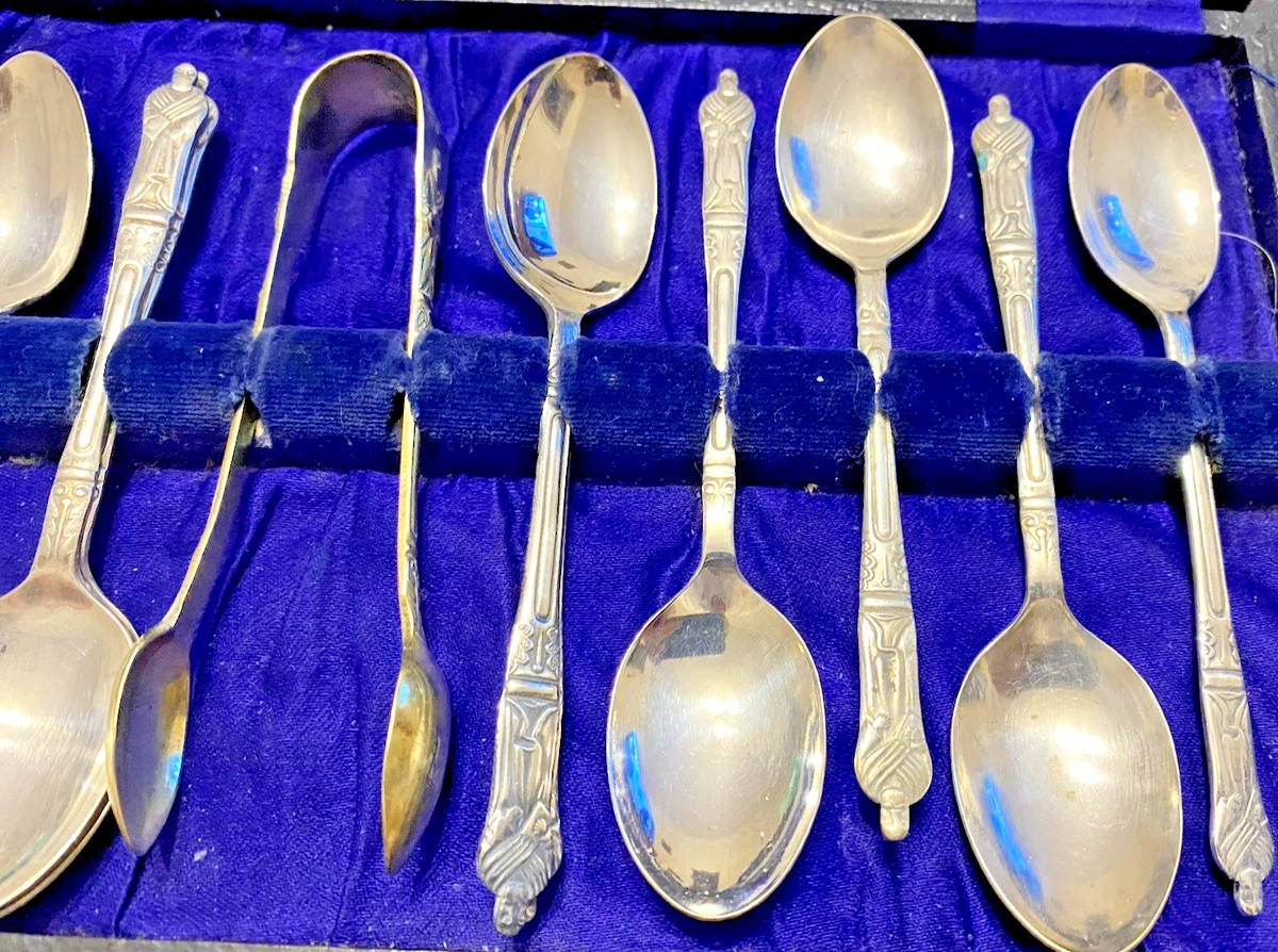 Vintage 13 Piece Silver Plated "Apostle" Spoons & Sugar Tongs Set - Cased