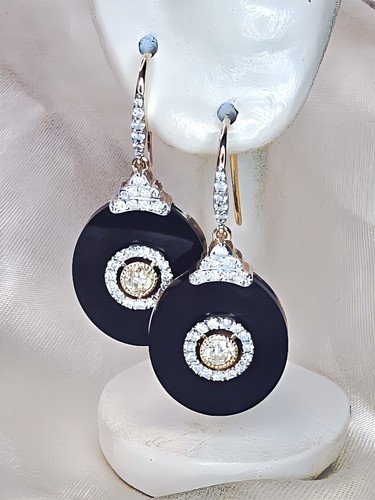 Natural Diamond & Onyx Contemporary Art Deco Drop Earrings In 14ct Yellow Gold + - Picture 3 of 9