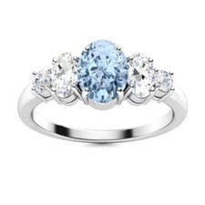 Oval Aquamarine Gemstone Prong New Solitaire with Accents Ring 925 Silver