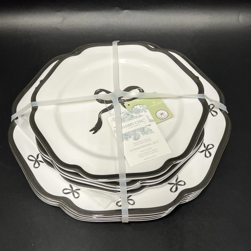 8 Pc Black Bows on White Melamine Dinner & Salad Plates Shabby Chic - Image 2 of 4