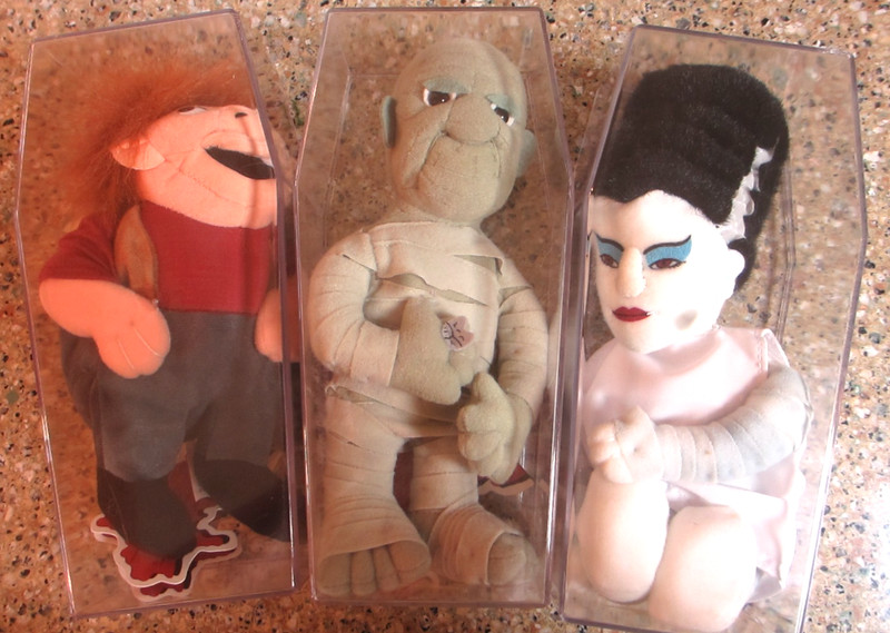 3 Universal Studios Stuffins, Monsters with Plastic Coffin Cases