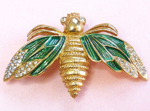 Authentic CARVEN Bee Brooch Vintage 1960s Signed Gold-plated Green Enamel White Diamante