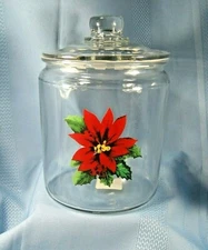 Anchor Hocking Glass Poinsettia Storage Jar, Cannister Or Cookie Jar Sealed Pkg.