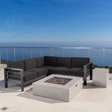 Coral Bay Outdoor Grey Aluminum 5 Piece V-Shape Sectional Sofa Set with Fire Tab