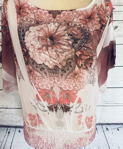 Blusa pequeña Body Central Boutique para mujer transparente floral cintura elástica sedosa - Imagen 3 de 9